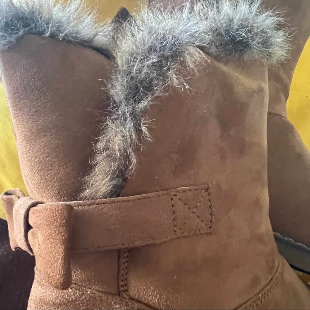 Brown Faux Fur / Suede Ankle Boots with Bow Sz 7